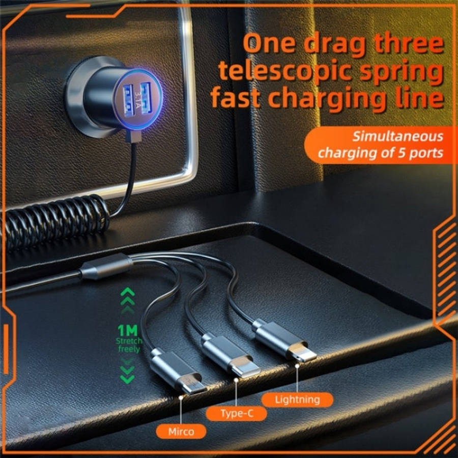 K15 Car Adapter 3 in 1 Stretchable Cable 22.5W Quick Charge Cigarette Lighter Dual USB Ports