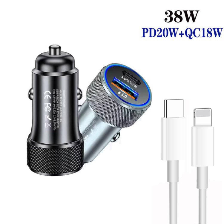 P19 Metal PD20W USB-C + QC18W USB Car Charger with Type-C to 8 Pin Date Cable(Black)