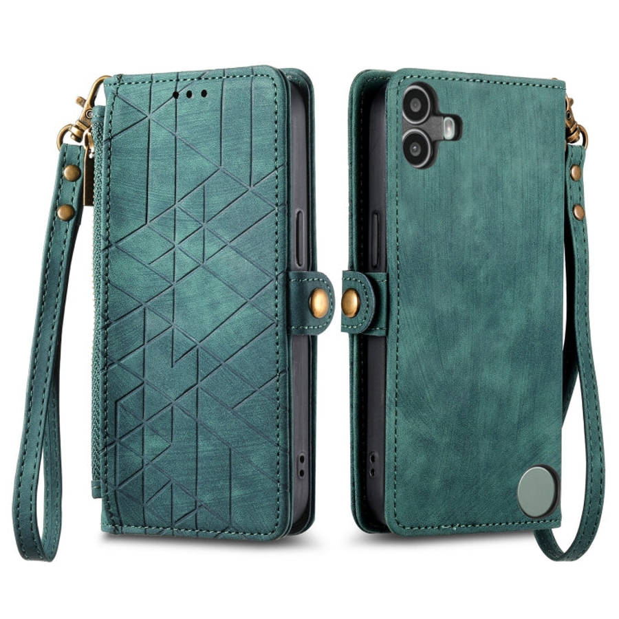 For Nothing CMF Phone 1 Geometric Zipper Wallet Side Buckle Leather Phone Case(Green)