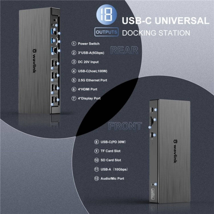 WAVLINK UG69PD8 Pro 18-in-1 DP / HD 5K Quadruple Display USB C Universal Docking Station, Plug:US...