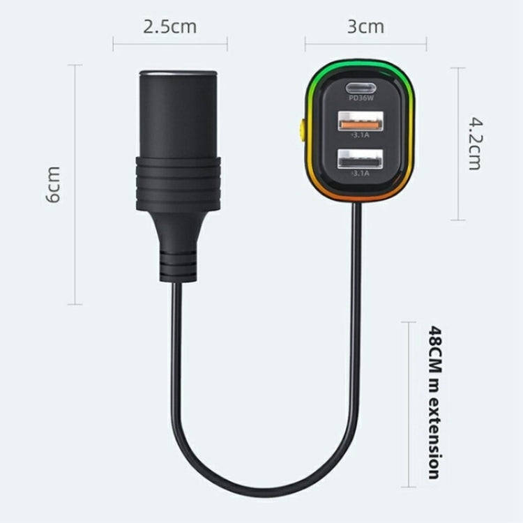 YQ9 12-24V Vehicles Type-C and Dual USB Car Front Rear Seat Cigarette Lighter Charger