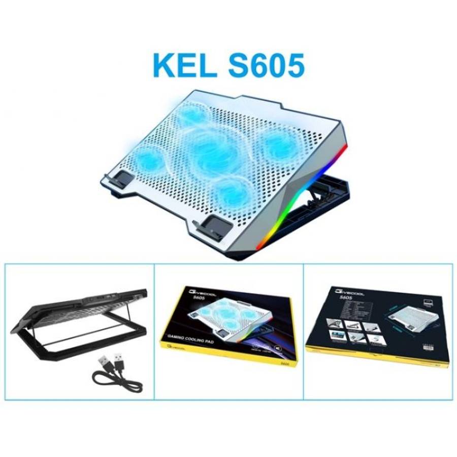 S605 RGB Light 5 Silent Fans Adjustable Height Stand Gaming Laptop Cooling Pad