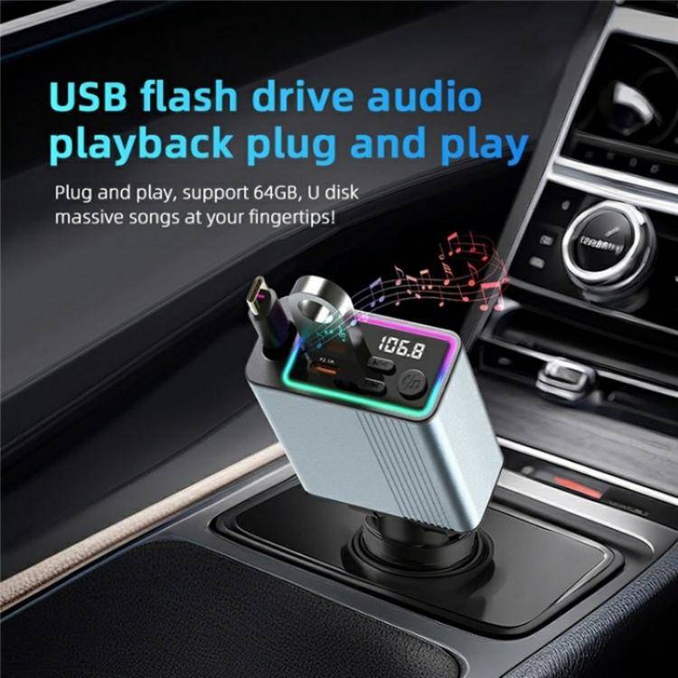 C77 Car Charger FM Transmitter Fast Charging Adapter with PD 30W Extendable Type-C Cable