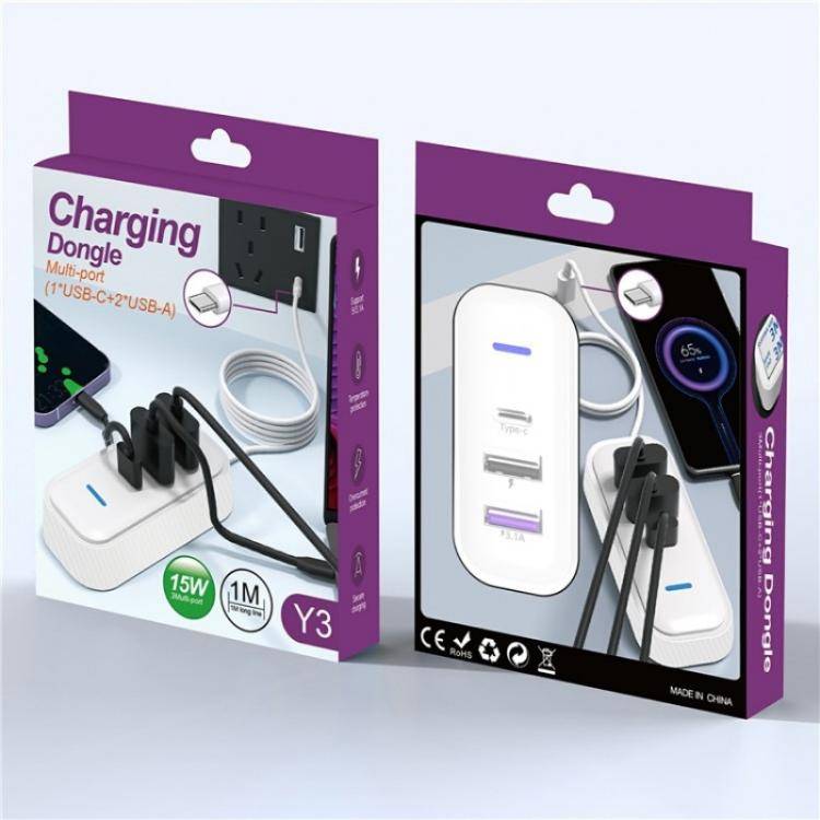 Y3 Car Rear Seat Charger Type-C and Dual USB Fast Charging Adapter with 1m Extension Cable
