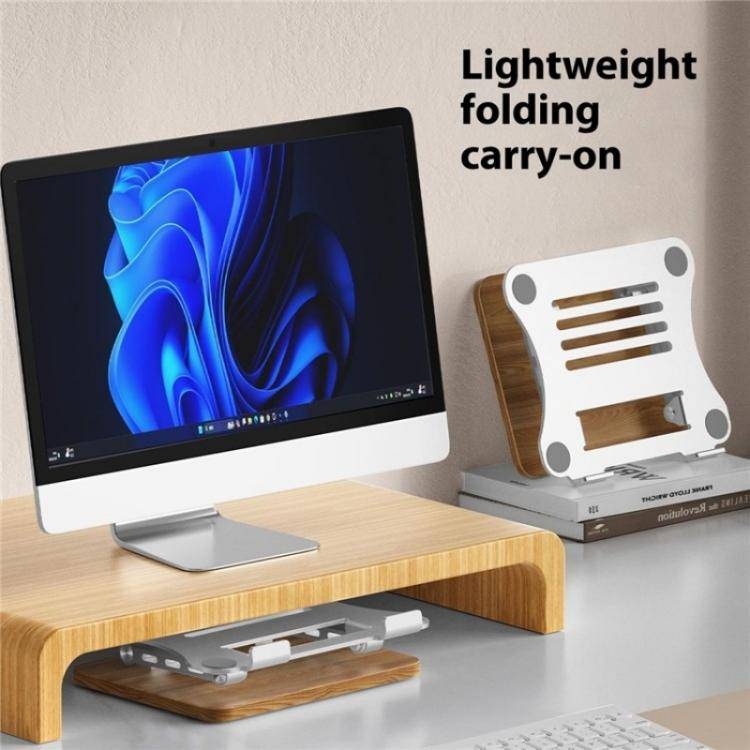 J32 Foldable Wood Base Desktop Metal Phone Holder Adjustable Laptop Stand(Grey)