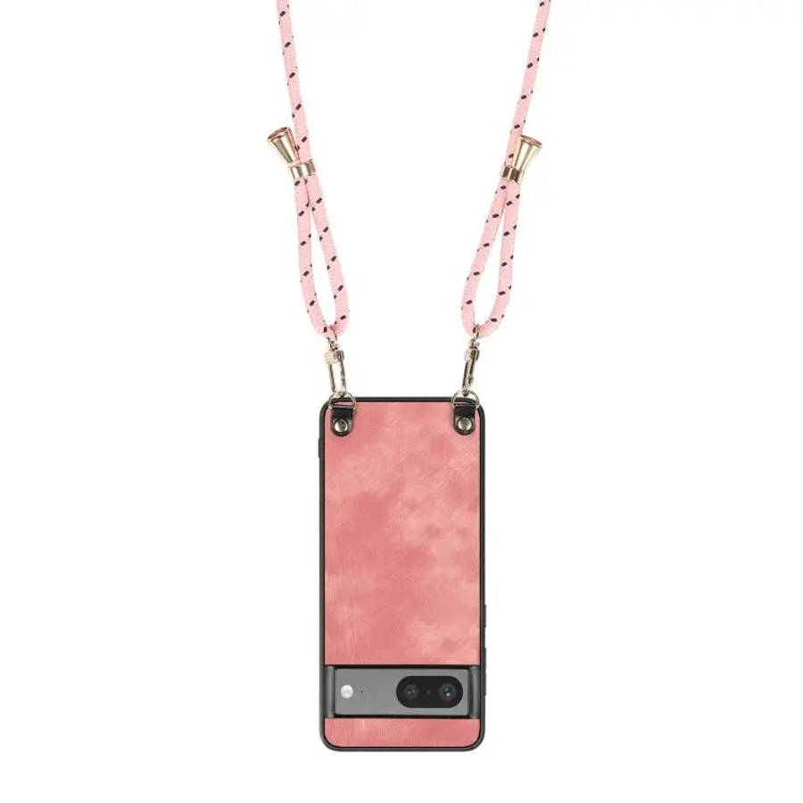 FOr Google Pixel 6a Vintage Leather PC Back Cover Phone Case with Crossbody Strap(Pink)