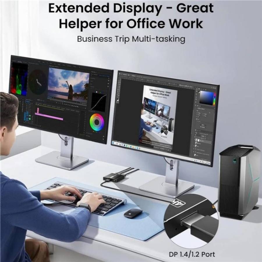 FD 1X2 4K 144HZ Audio Extractor Splitter DisplayPort 1.4 to Dual DisplayPort MST Hub, Plug:US Plug