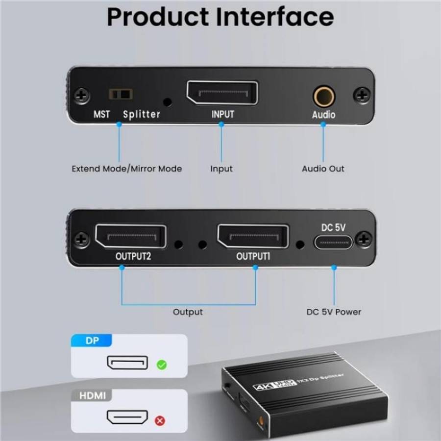FD 1X2 4K 144HZ Audio Extractor Splitter DisplayPort 1.4 to Dual DisplayPort MST Hub, Plug:US Plug