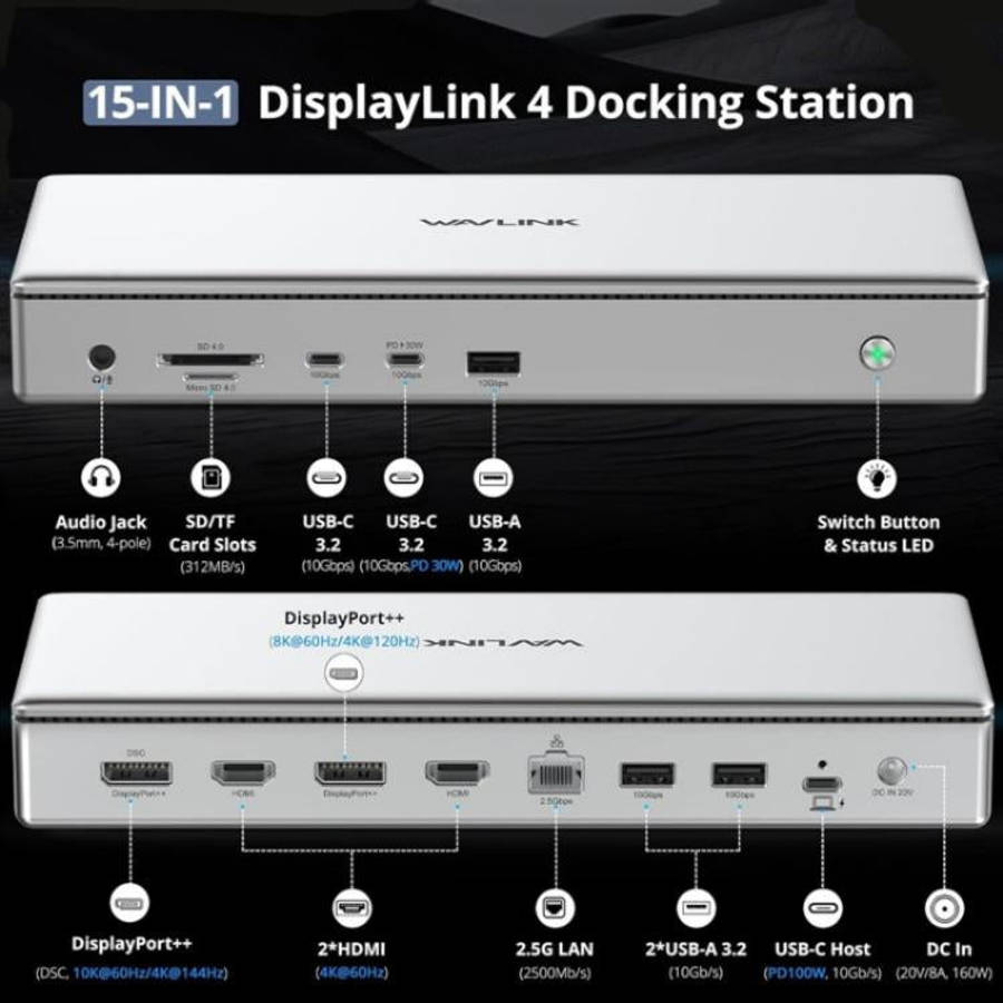 WAVLINK WL-UG75PD1-DH2 USB-C / Type-C Displaylink DL7400 Docking Station Support Quad Display(UK ...