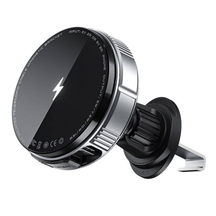 X02 With Retractable Cable 15W Car Air Vent Mount Magnetic Phone Holder Wireless Charger(Silver)