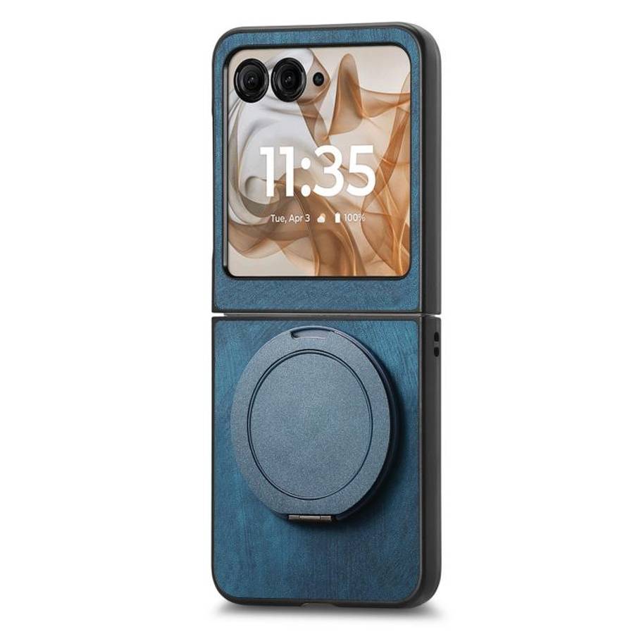 For Motorola Moto Razr 50 Retro Leather Rotation Round Holder Phone Case(Blue)