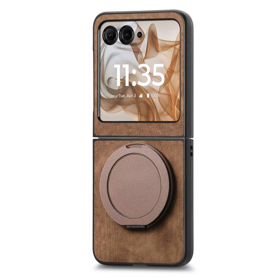 For Motorola Moto Razr 60 Retro Leather Rotation Round Holder Phone Case(Brown)