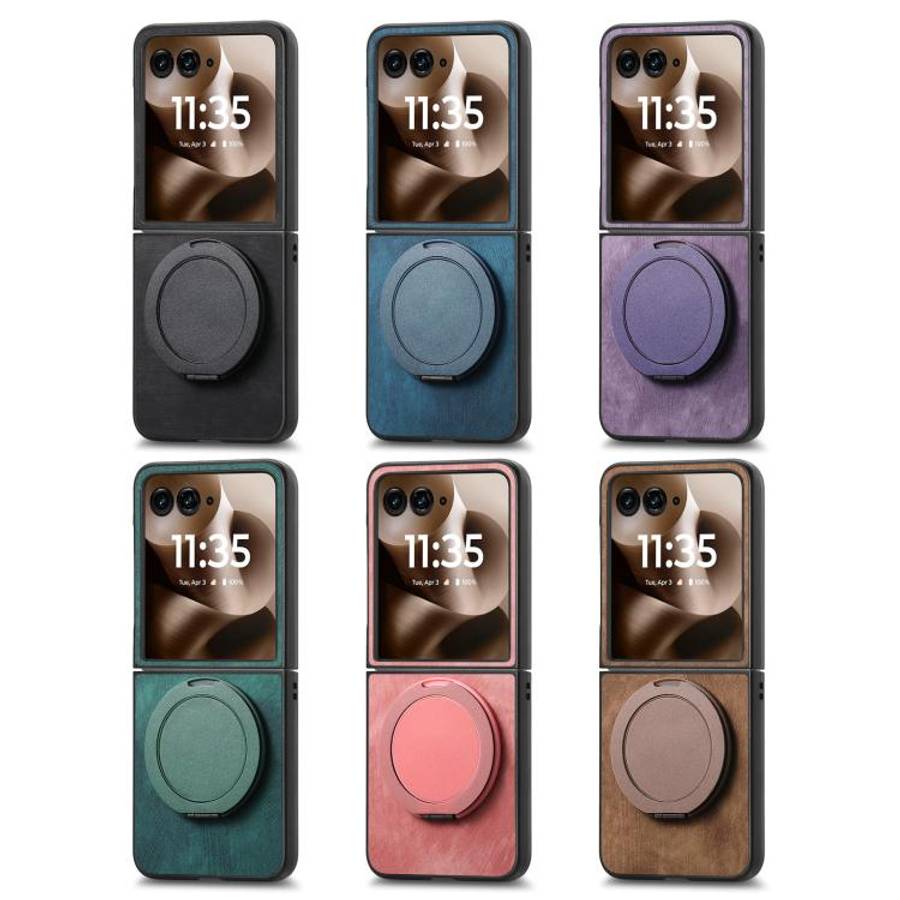 For Motorola Moto Razr 50 Retro Leather Rotation Round Holder Phone Case(Blue)