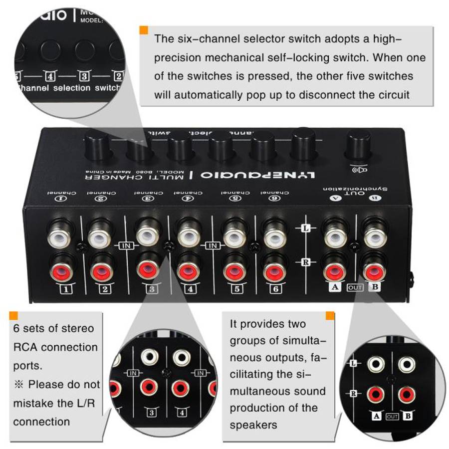 B080 6 Input 2 Output Audio Signal Selector Audio Switcher, 2-Channel Synchronous Output RCA Inte...