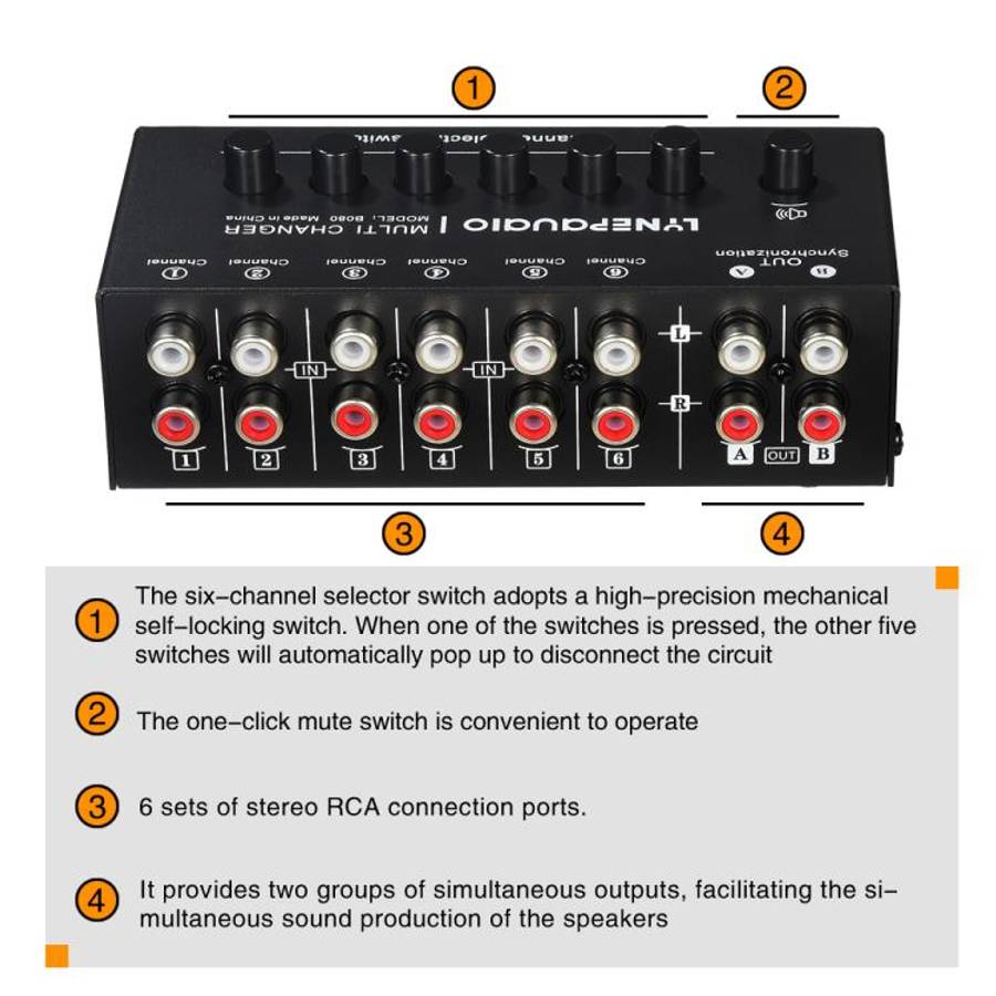 B080 6 Input 2 Output Audio Signal Selector Audio Switcher, 2-Channel Synchronous Output RCA Inte...