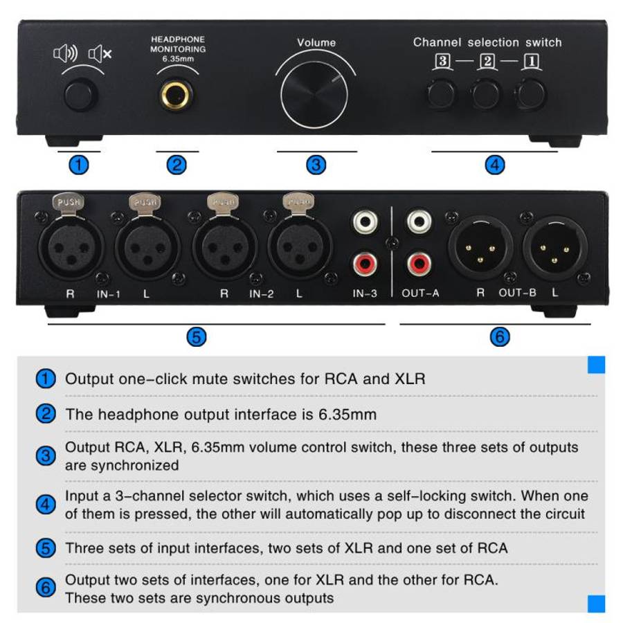B082 3 Input 3 Output Audio Signal Selector Balanced Line Switcher