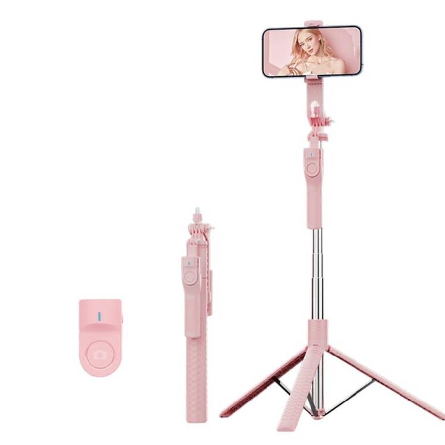 K50 1.9m Extendable Live Streaming Floor Stand Single Phone Clip Bluetooth Selfie Stick Tripod(Pink)