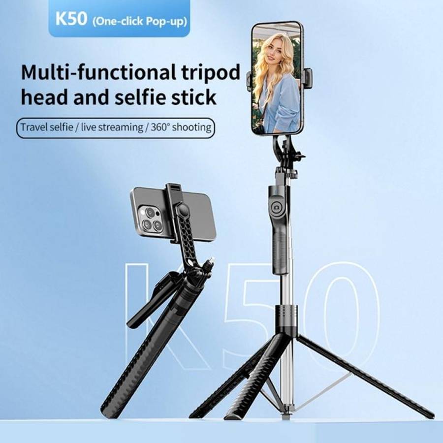 K50 1.9m Extendable Live Streaming Tripod Dual Phone Clip Bluetooth Selfie Stick(Black)