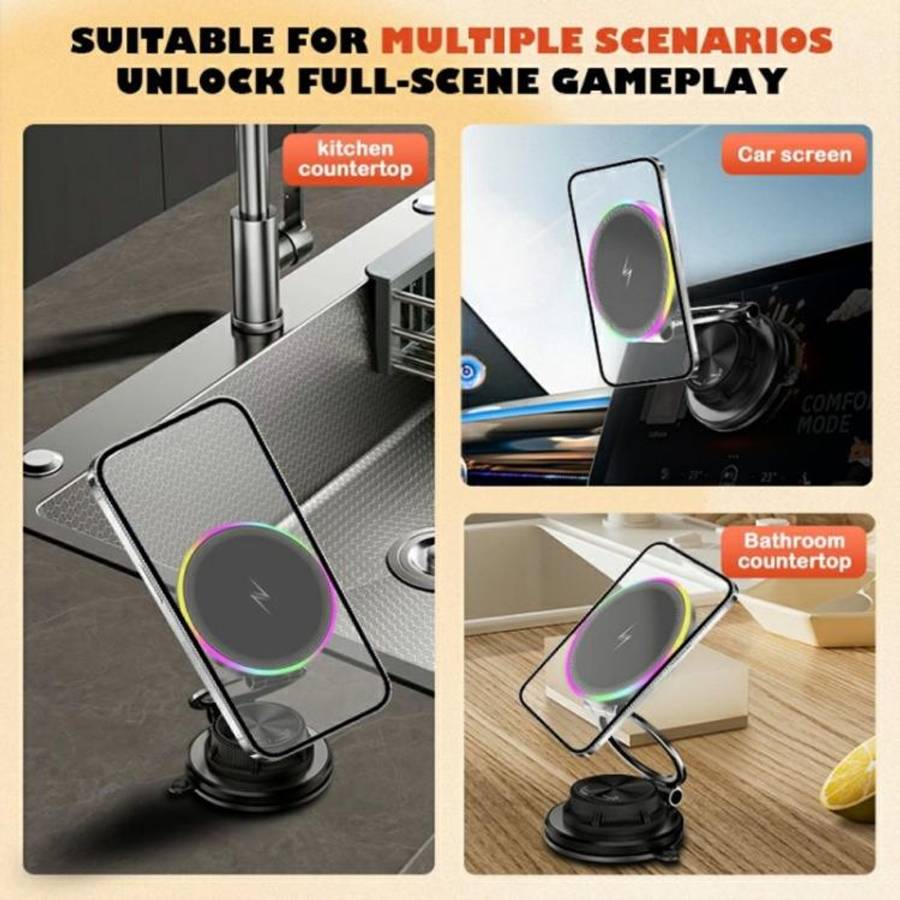 K8 RGB Light 15W Wireless Car Charger 3-Fold Rotatable Magnetic Phone Holder