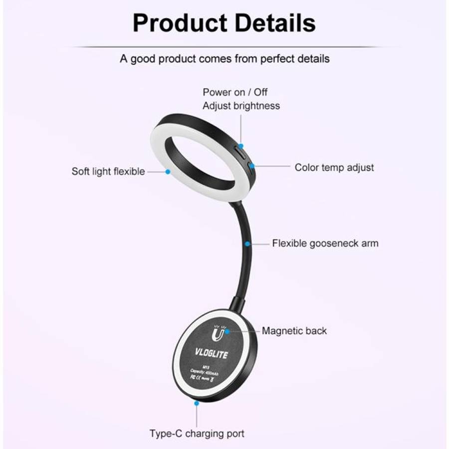 VLOGLITE M15 For Phone Reading Photography Video Lighting Mini Portable Selfie LED Light