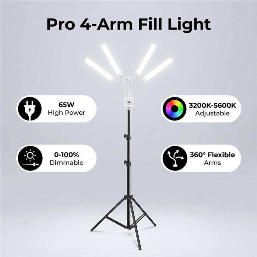 HD-150XJ 3200K-5600K Adjustable Remote Control 65W LED Photography Light 4-Arm Fill Light, Plug:U...