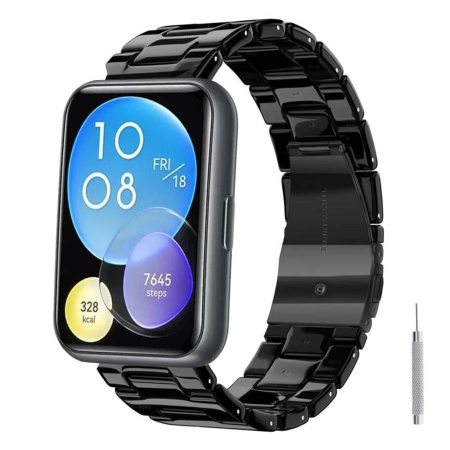 For Huawei Watch Fit Butterfly Clasp Three Beads Resin Watch Band with Removal Tool(Black)