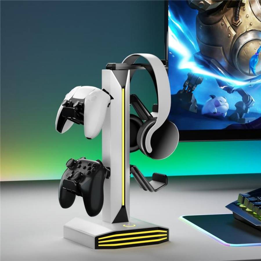 8006 USB Charging Ports 360 Degree Rotatable RGB Gaming Controller Holder Headphone Stand(Black)