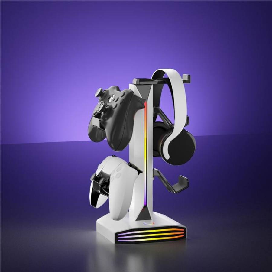 8006 USB Charging Ports 360 Degree Rotatable RGB Gaming Controller Holder Headphone Stand(Black)
