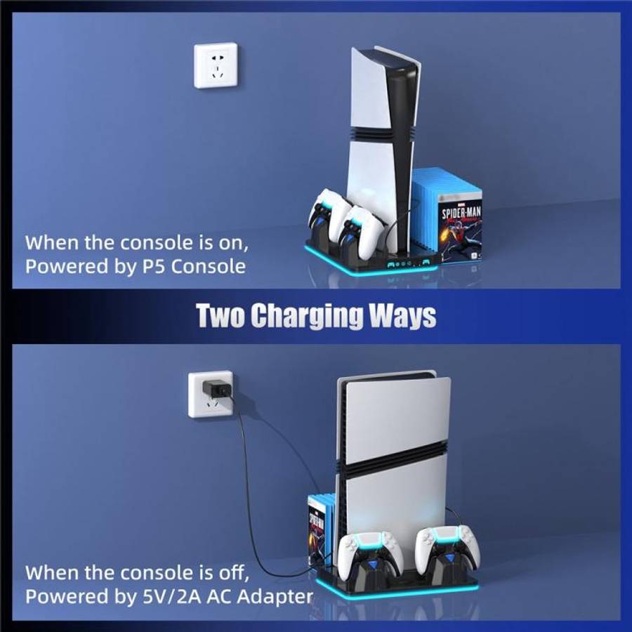 For PS5 / PS5 Slim / PS5 Pro Cooling Stand Dual Controller Charging Station Game Storage Rack(White)