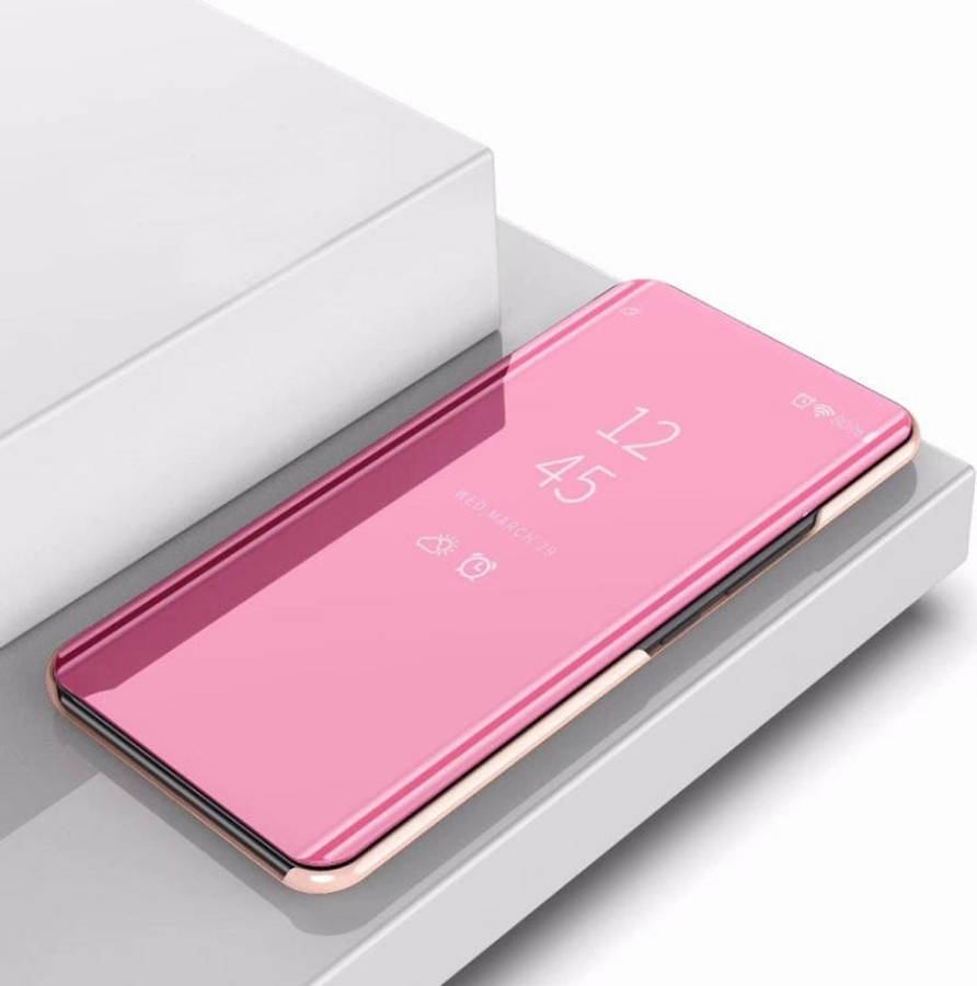 For Huawei Enjoy 10 Plus Plating Mirror Left and Right Flip Cover with Bracket Holster(Rose gold)