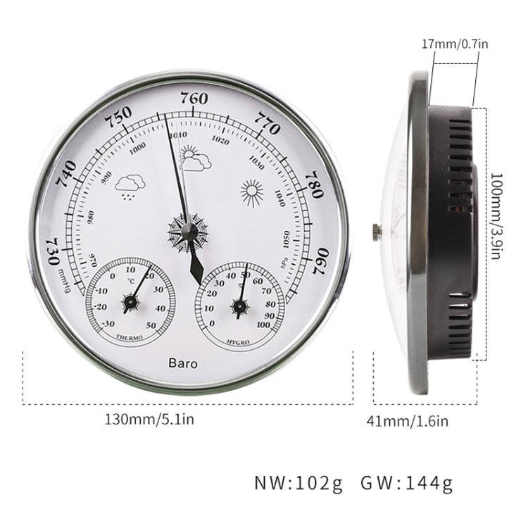 THB9392 Wall Hanging Household Weather Station Barometer Thermometer Hygrometer, 128mm (Silver)