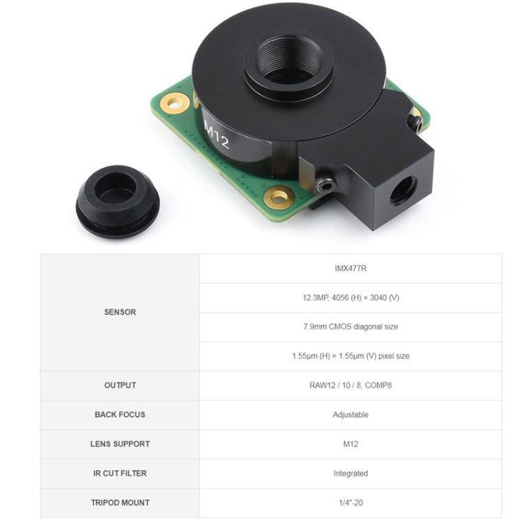 Waveshare For Raspberry Pi Camera M12 High Sensitivity Lens, 12.3MP IMX477R Sensor, 23945
