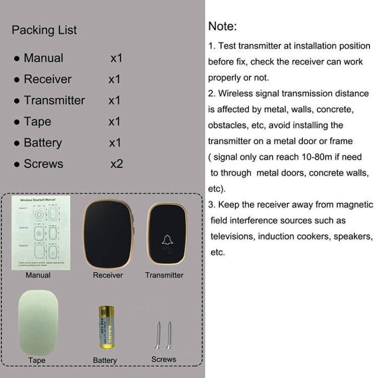 Q188-WW Intelligent Wireless Remote Control Waterproof Doorbell Pager with 45 Chord Music, US Plu...