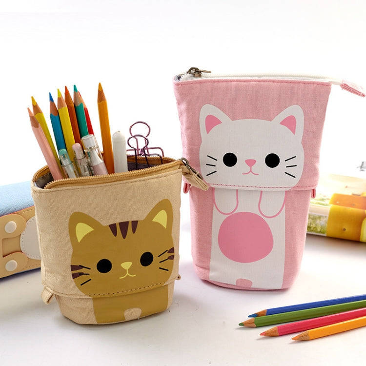 Corduroy Retractable Drop-Down Pencil Case Student Stationery Storage Bag(Coffee Cat)