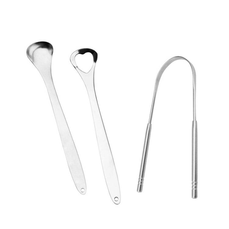 Tongue Cleaner Bad Breath Stainless Steel Cleaning Brush Tongue Scraper+Two-piece Set (Silver)