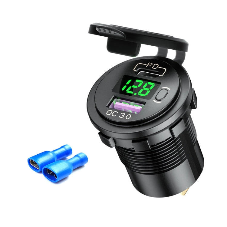 12V Modified Car USB Charger With Voltage Display PD QC3.0 Socket(With Terminal Green Light)