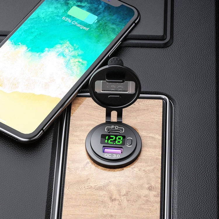 12V Modified Car USB Charger With Voltage Display PD QC3.0 Socket(With Terminal Green Light)