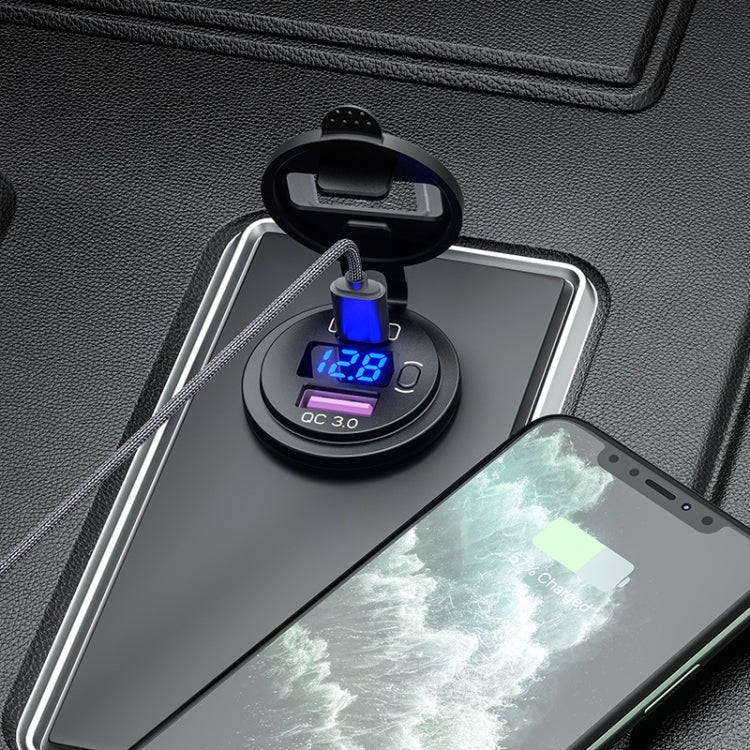 12V Modified Car USB Charger With Voltage Display PD QC3.0 Socket(With 60cm Line Blue Light)