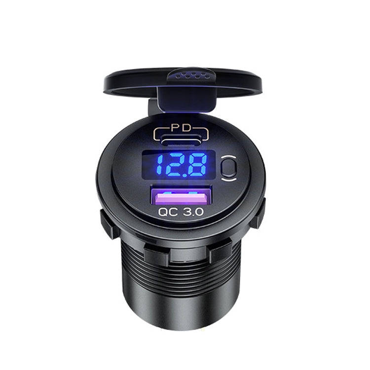 12V Modified Car USB Charger With Voltage Display PD QC3.0 Socket(With 60cm Line Blue Light)