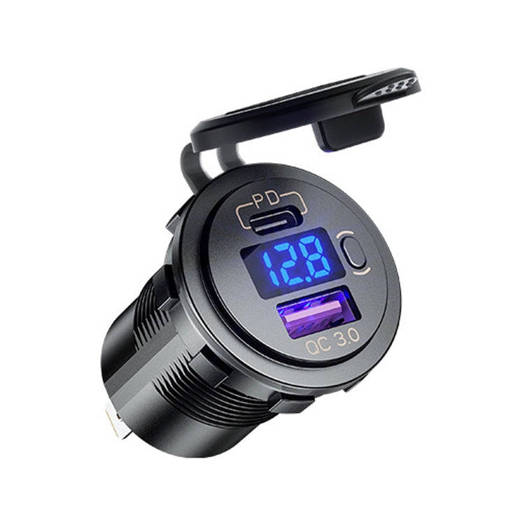 12V Modified Car USB Charger With Voltage Display PD QC3.0 Socket(With 60cm Line Blue Light)