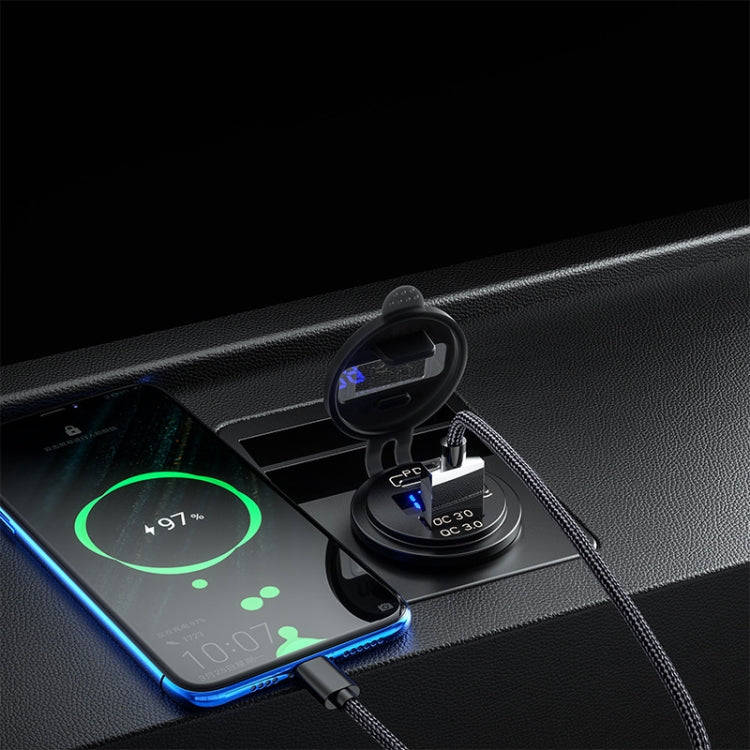 12V Modified Car USB Charger With Voltage Display PD QC3.0 Socket(With 60cm Line Blue Light)