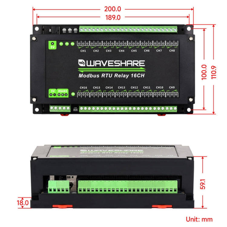 Waveshare 24921 Modbus RTU 16-Ch Relay Module, RS485 Interface, With Multiple Isolation Protectio...