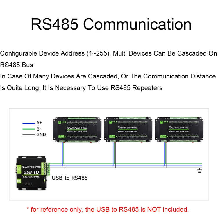 Waveshare 24921 Modbus RTU 16-Ch Relay Module, RS485 Interface, With Multiple Isolation Protectio...