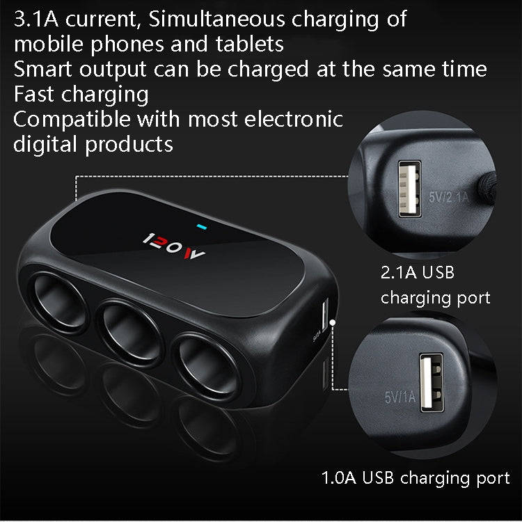 Car Charger Cigarette Lighter 1 In 3 Mobile Phone USB Car Charger(Black)
