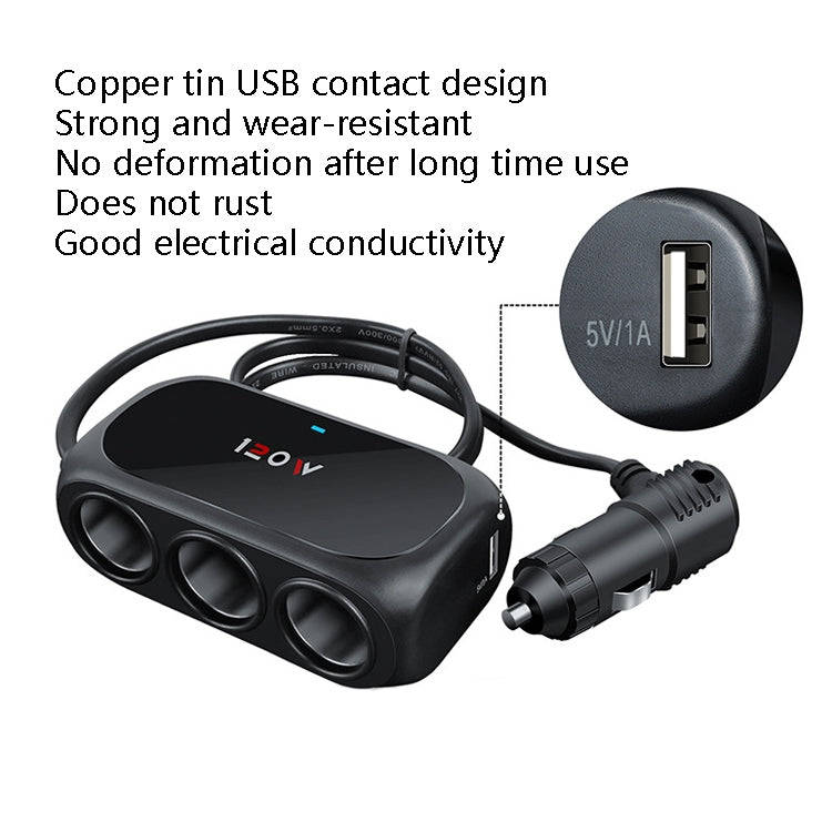 Car Charger Cigarette Lighter 1 In 3 Mobile Phone USB Car Charger(Black)