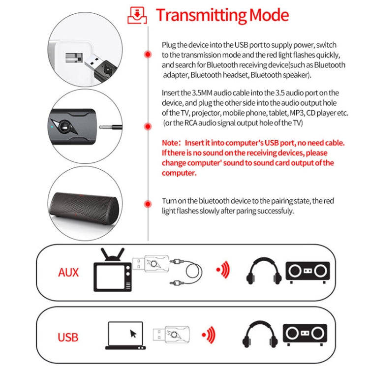 5.0 Bluetooth Transmitter AUX Receiver USB Dual Output Computer Audio Adapter
