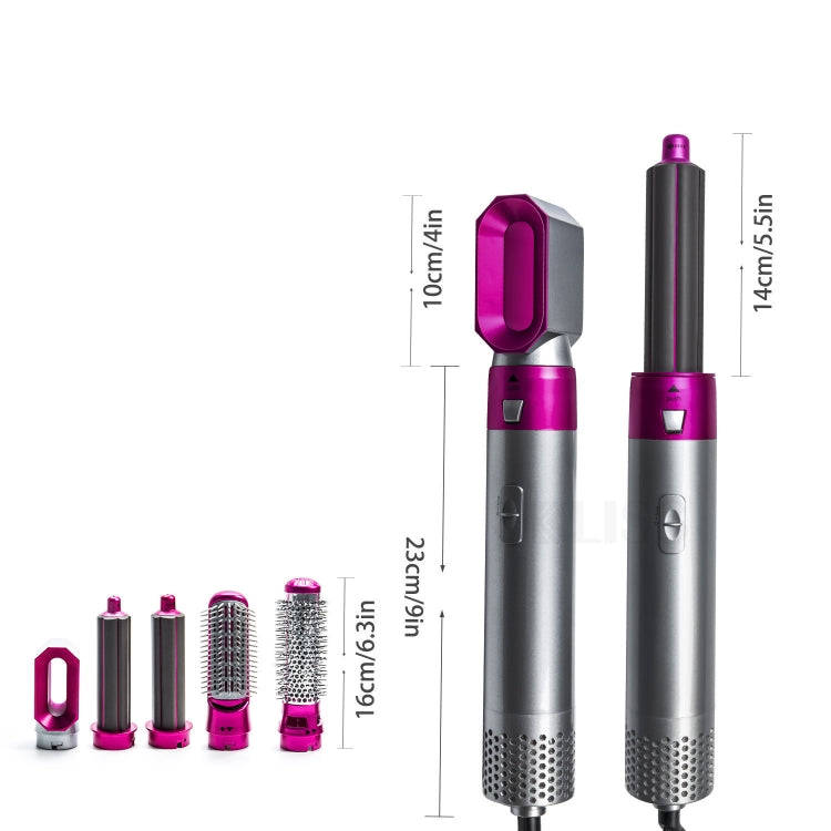 5-in-1 Hot-air Comb Automatic Straightening Dual-purpose Hair Dryer Silver+Rose Red(EU Plug)