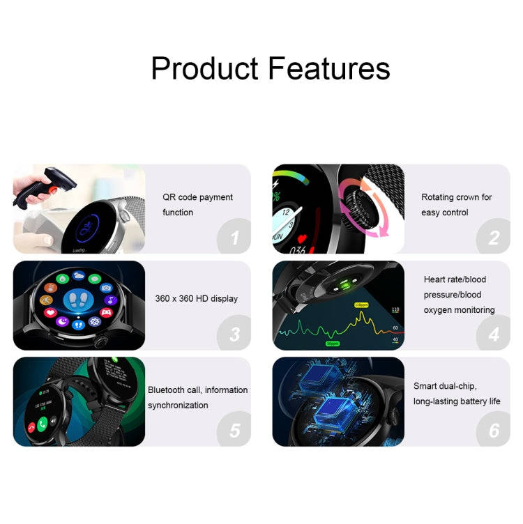 HD3 1.32 Inch Heart Rate Monitoring Smart Watch with Payment Function(Black Steel)