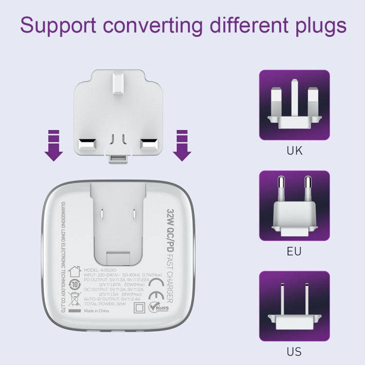 LDNIO A3513Q 32W QC3.0 3 USB Ports Phone Adapter EU Plug with Type-C Cable