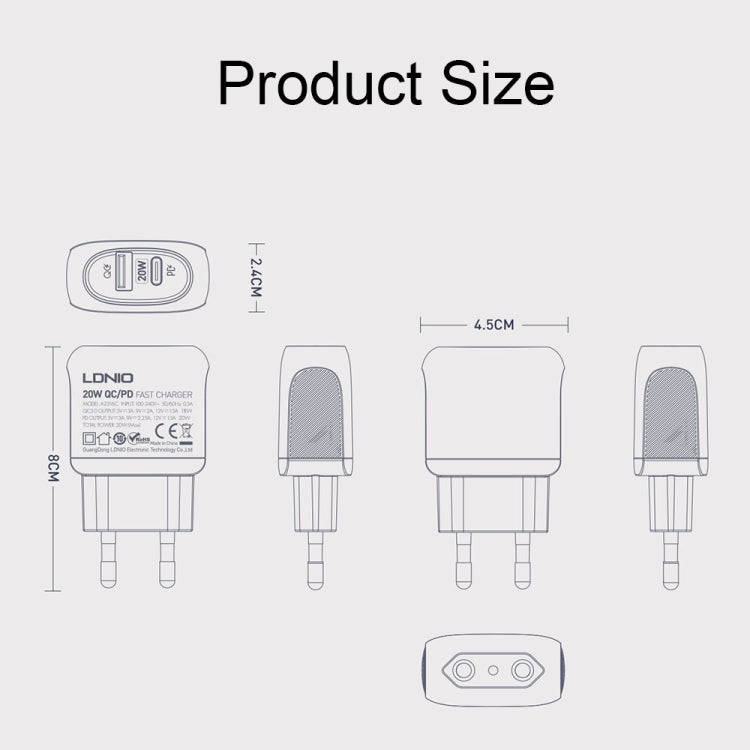 LDNIO A2316C 20W PD+QC 3.0 Phone USB Multi-hole Fast Charger EU Plug with 8 Pin Cable